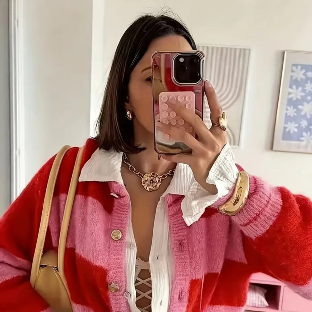 Pink & Red Striped Cropped Cardigan Sweater | Button Detail | Cozy Chic - Picture 2 of 3